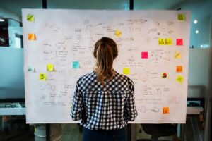 Frau mit Pferdeschanz steht vor einer Wand mit vielen Postits und Zeichnungen